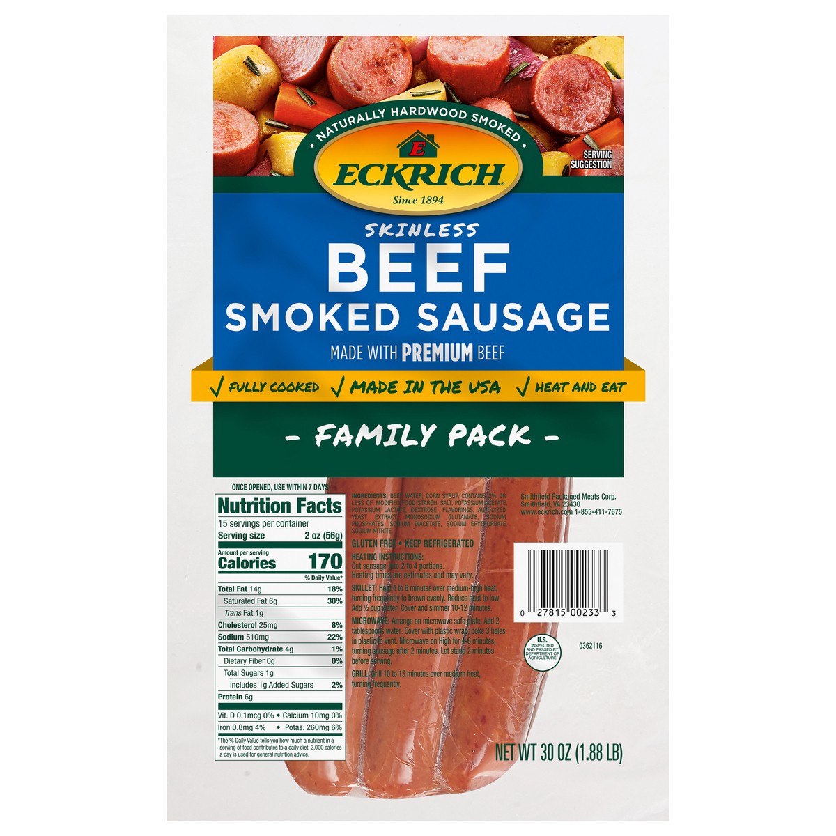 slide 1 of 5, Eckrich Beef Skinless Smoked Sausage, 30 oz, 30 oz