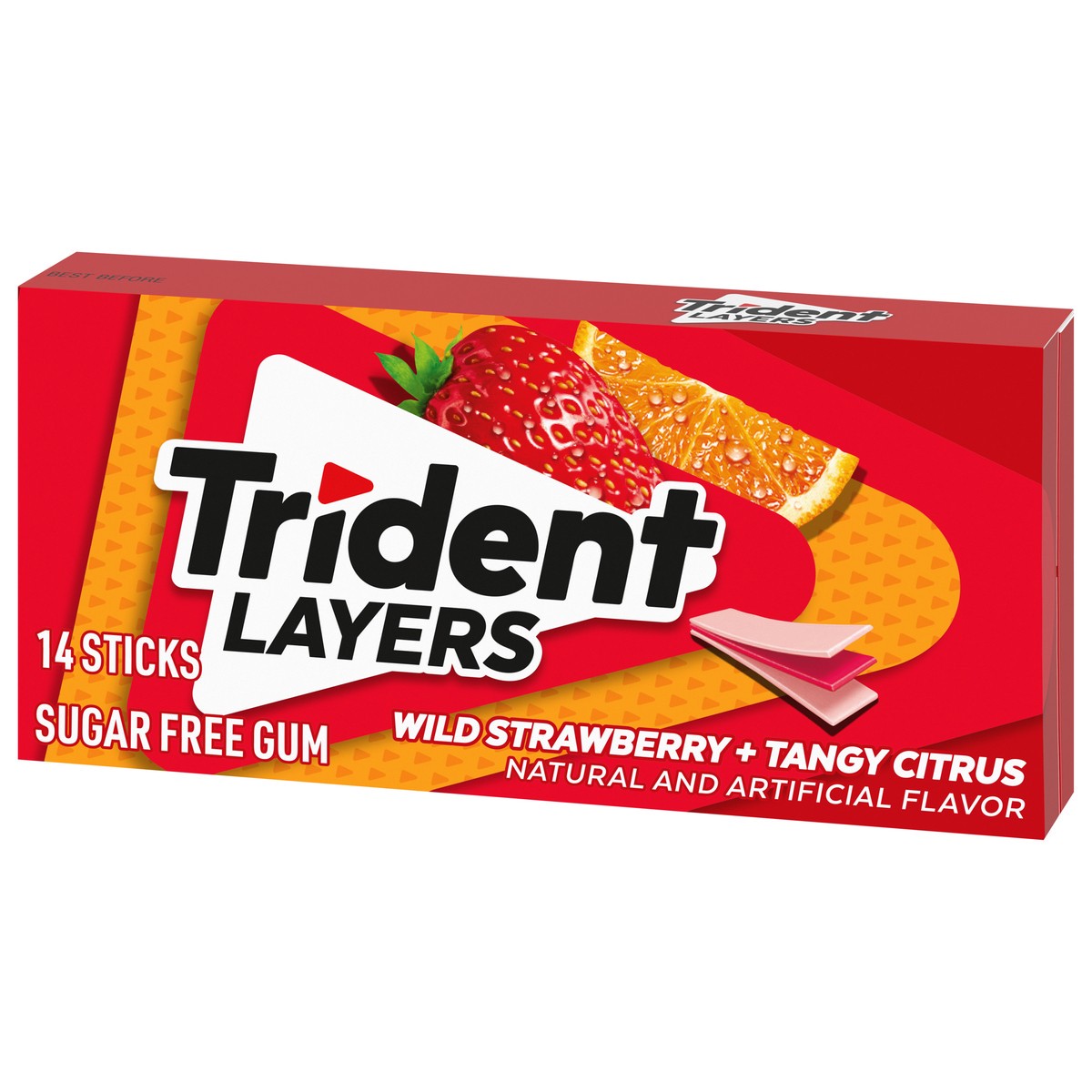 slide 4 of 9, Trident Layers Wild Strawberry & Tangy Citrus Sugar Free Gum, 14 Piece Pack, 14 ct