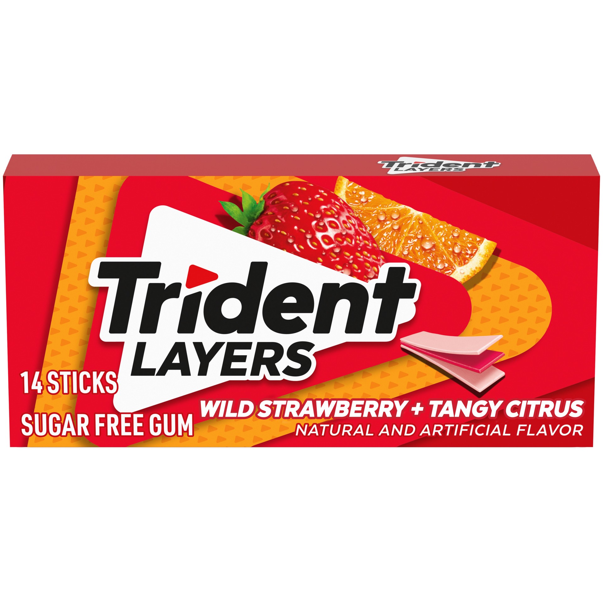 slide 1 of 9, Trident Layers Wild Strawberry & Tangy Citrus Sugar Free Gum, 14 Piece Pack, 14 ct