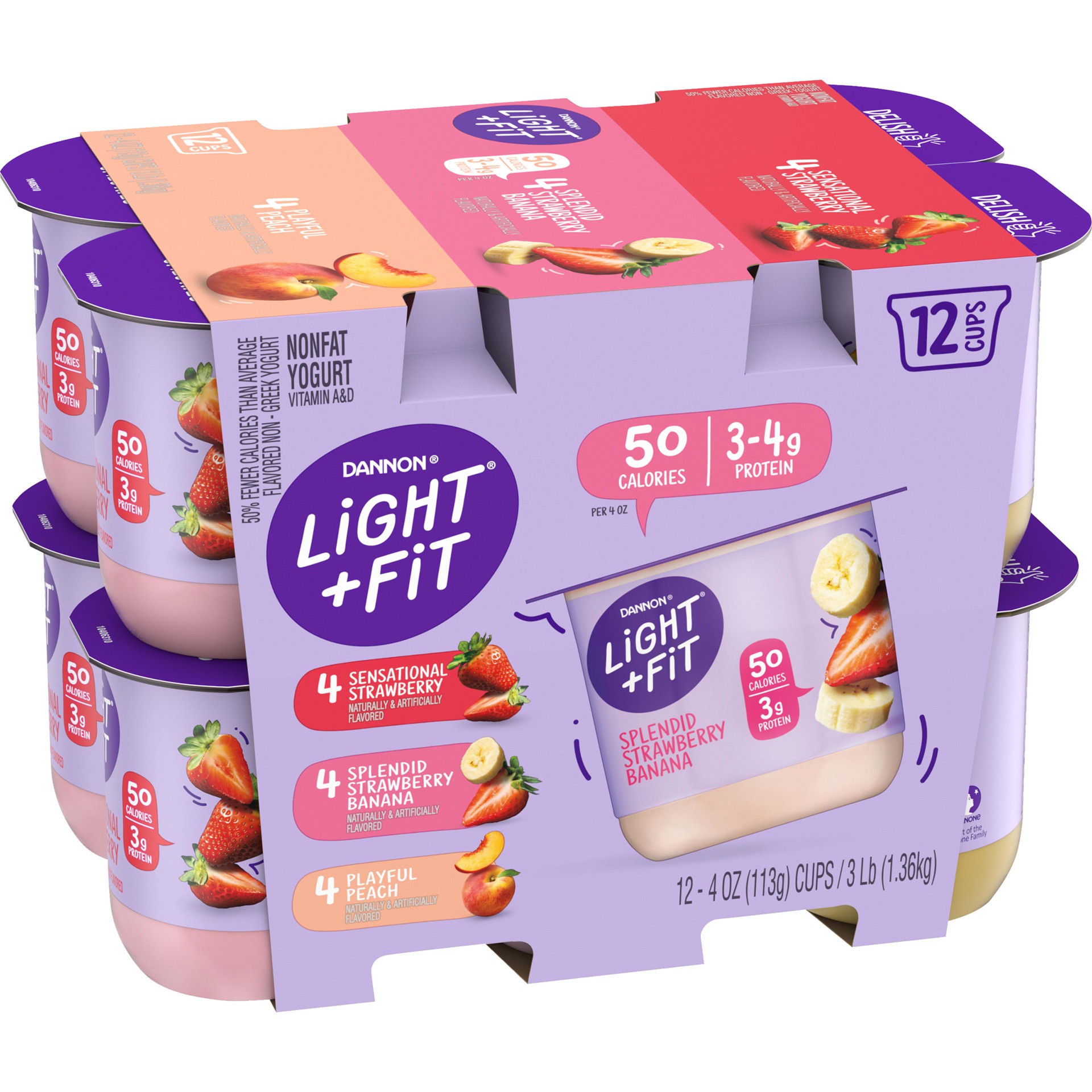 slide 3 of 5, Light + Fit Dannon Light + Fit Regular Nonfat Yogurt, Strawberry/Strawberry Banana/Peach, Gluten-Free, 4 oz., 12 Pack, 4 oz