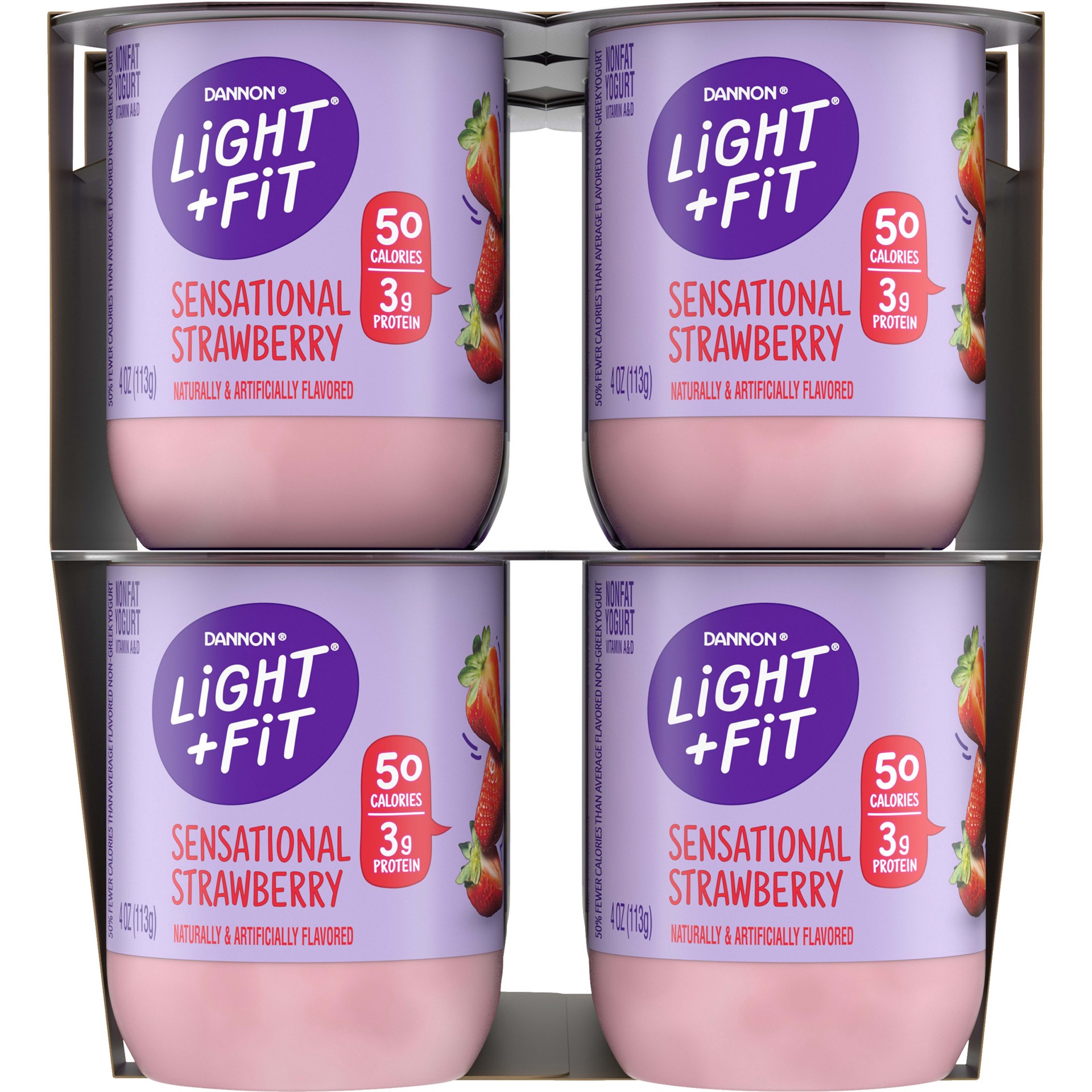 slide 2 of 5, Light + Fit Dannon Light + Fit Regular Nonfat Yogurt, Strawberry/Strawberry Banana/Peach, Gluten-Free, 4 oz., 12 Pack, 4 oz