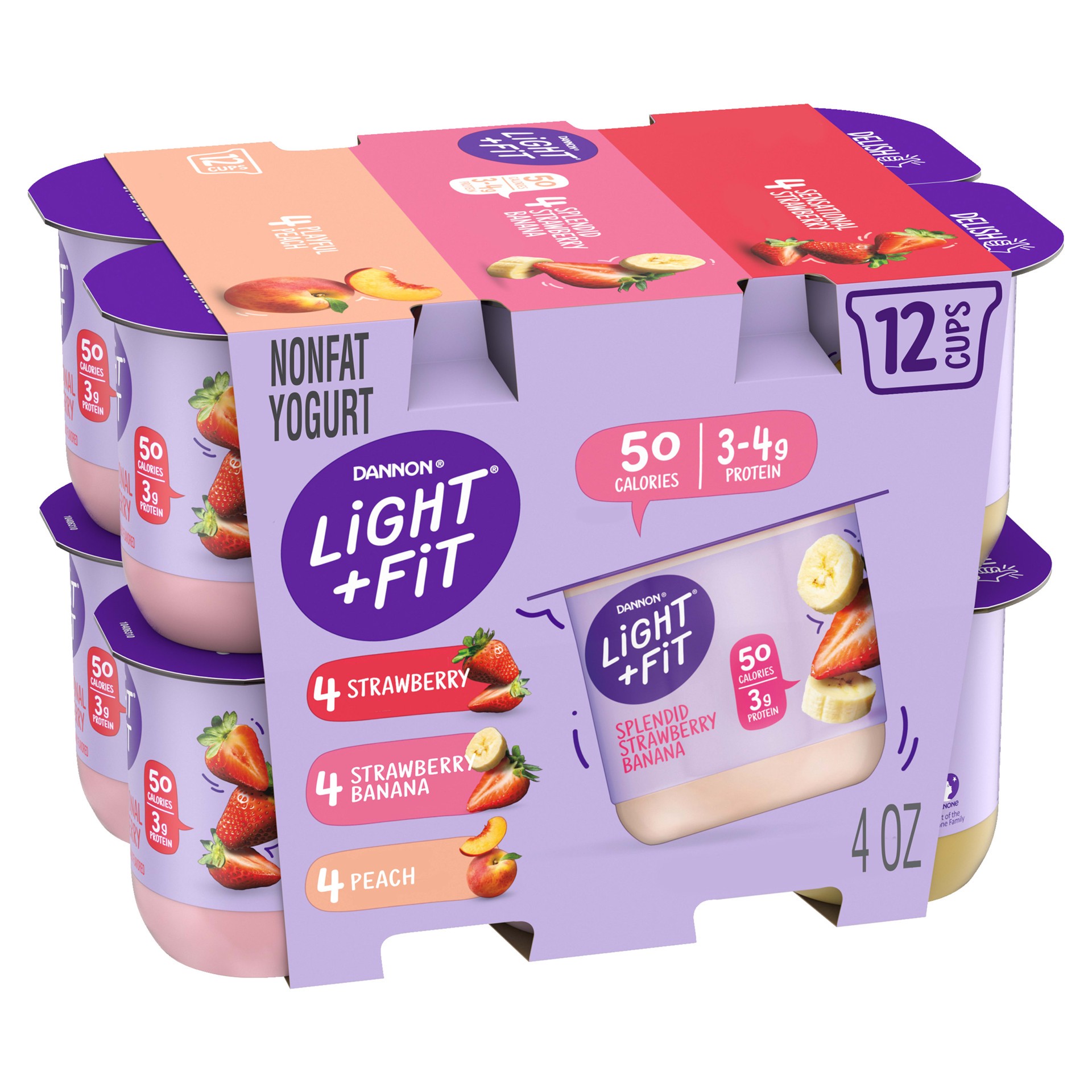 slide 1 of 5, Light + Fit Dannon Light + Fit Regular Nonfat Yogurt, Strawberry/Strawberry Banana/Peach, Gluten-Free, 4 oz., 12 Pack, 4 oz