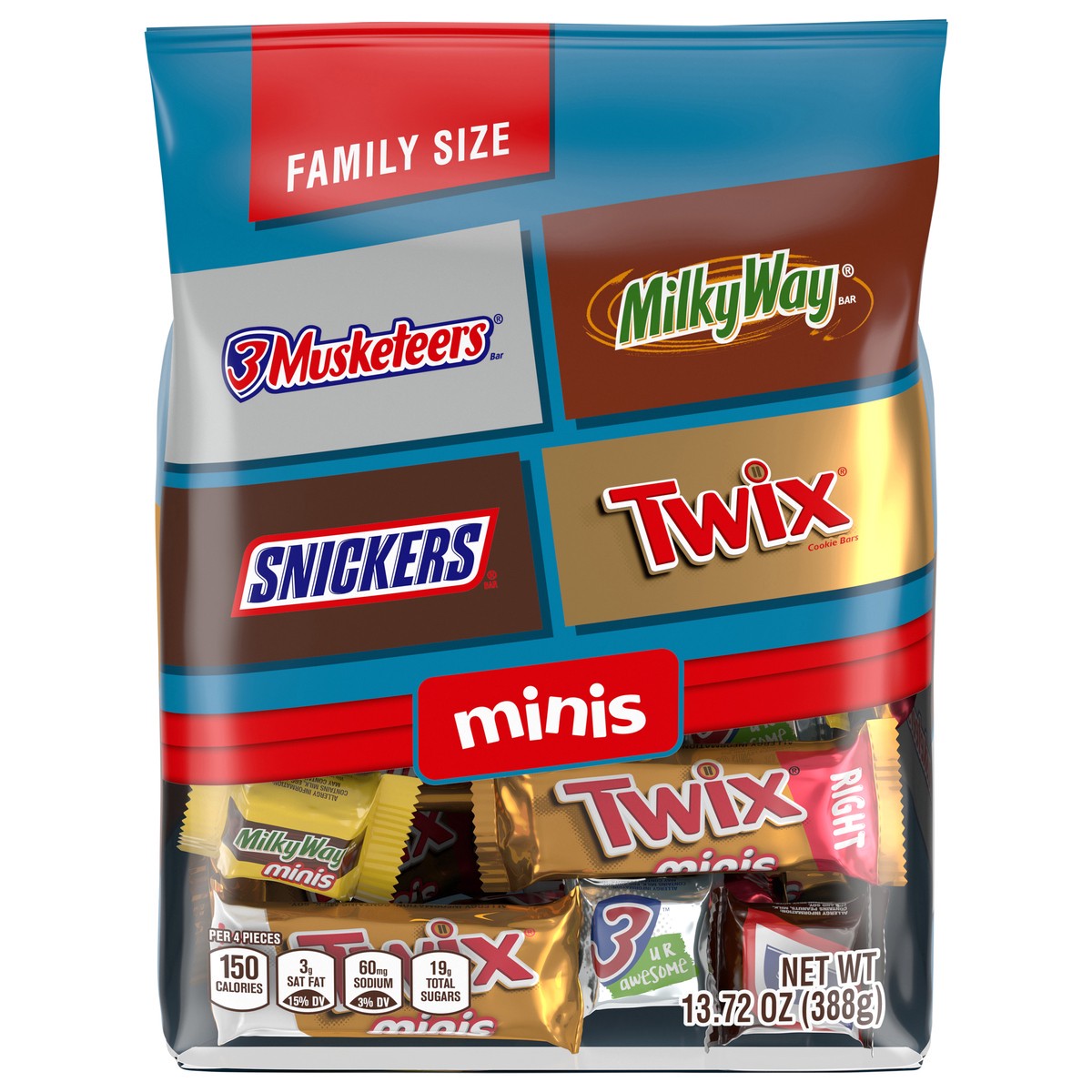 slide 1 of 8, Mars SNICKERS, TWIX, MILKY WAY & 3 MUSKETEERS Minis Chocolate Bars, Family Size, 13.72 Oz Bulk Bag, 13.72 oz
