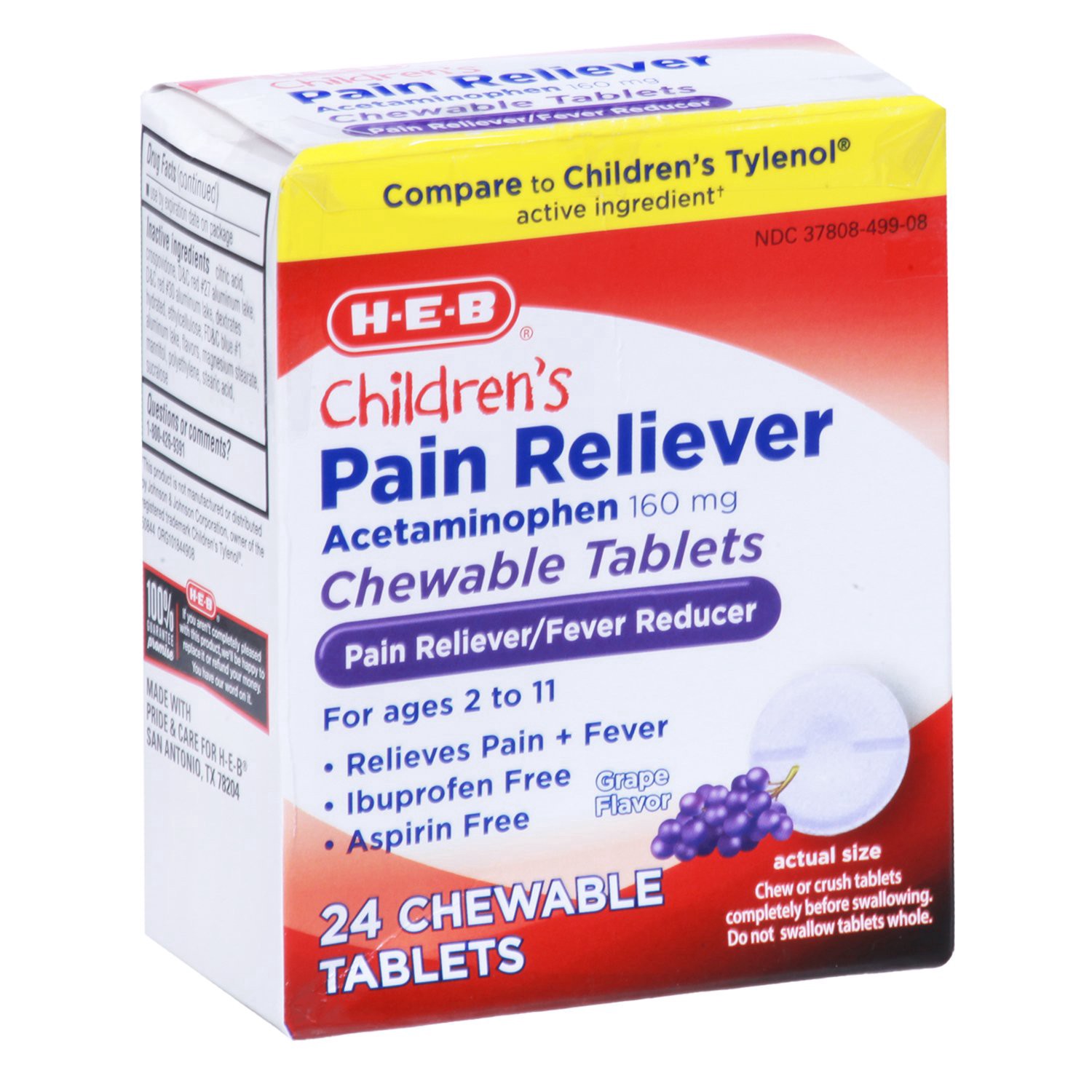 slide 1 of 1, H-E-B Children's Pain Reliever Chewable Tablets Grape, 24 ct
