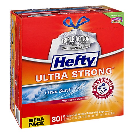 slide 1 of 1, Hefty Trash Bag Tall Drawstring Ultra Strong Clean Burst Mega Pack, 80 ct