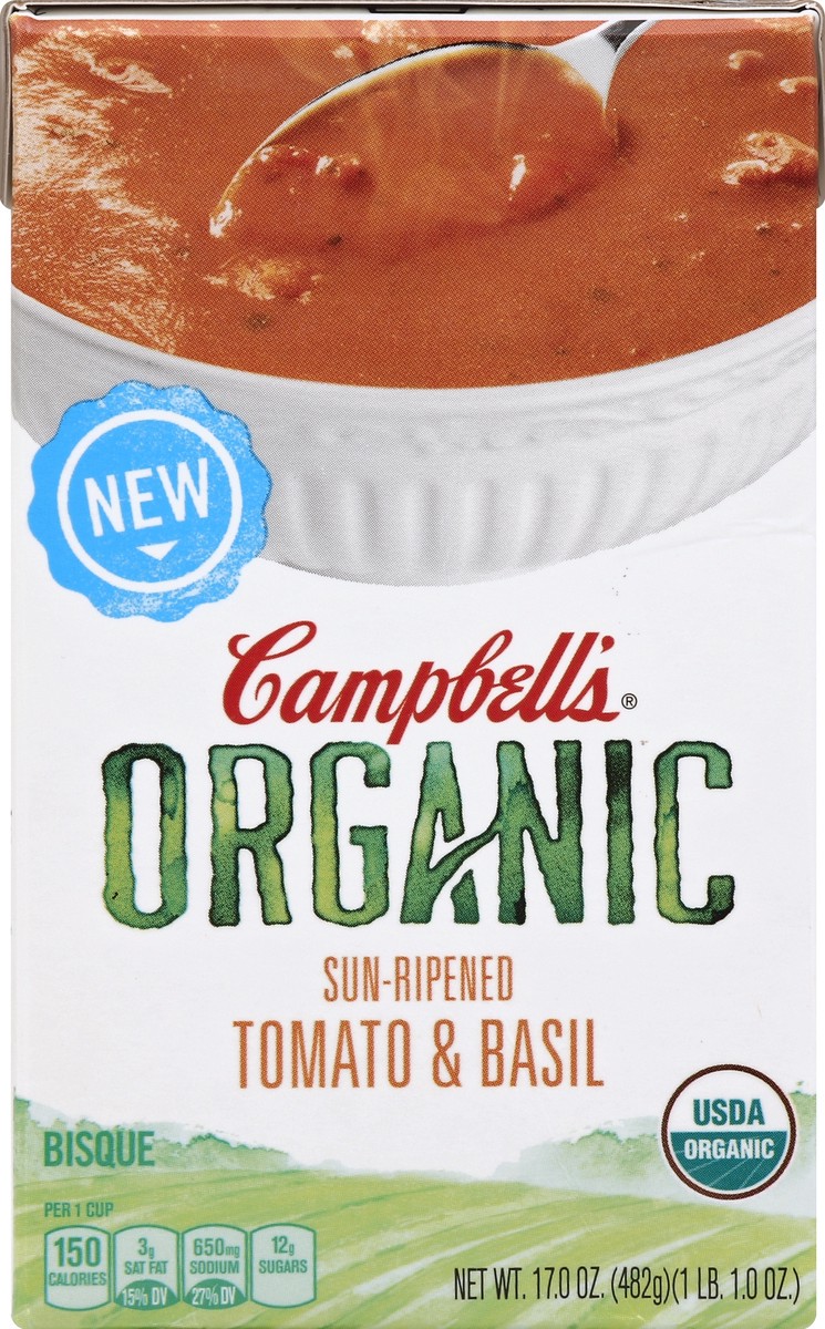 slide 4 of 4, Campbell's Organic Sun-Ripened Tomato & Basil Bisque, 17 oz