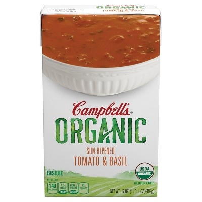slide 1 of 4, Campbell's Organic Sun-Ripened Tomato & Basil Bisque, 17 oz