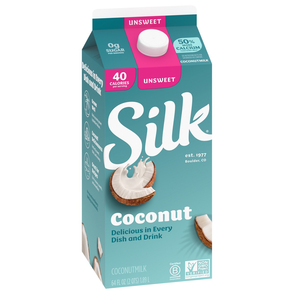 slide 3 of 9, Silk Coconut Milk, Unsweet, Dairy Free, Gluten Free, Delicious Vegan Milk with 50% More Calcium than Dairy Milk, 64 FL OZ Half Gallon, 64 fl oz