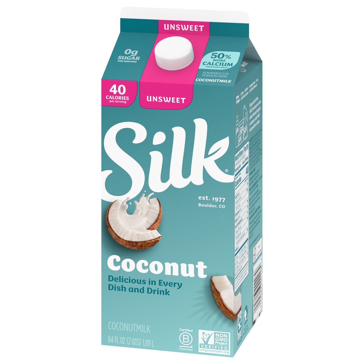 slide 5 of 9, Silk Coconut Milk, Unsweet, Dairy Free, Gluten Free, Delicious Vegan Milk with 50% More Calcium than Dairy Milk, 64 FL OZ Half Gallon, 64 fl oz