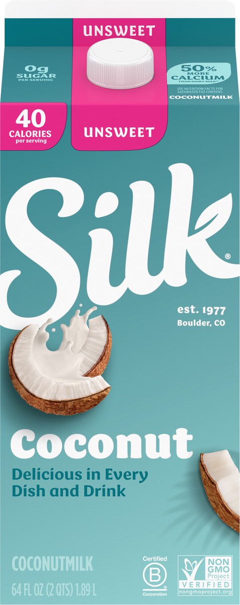 slide 4 of 9, Silk Coconut Milk, Unsweet, Dairy Free, Gluten Free, Delicious Vegan Milk with 50% More Calcium than Dairy Milk, 64 FL OZ Half Gallon, 64 fl oz