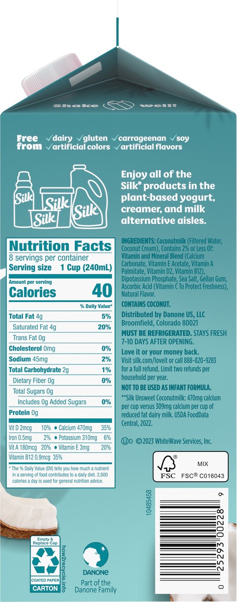 slide 6 of 9, Silk Coconut Milk, Unsweet, Dairy Free, Gluten Free, Delicious Vegan Milk with 50% More Calcium than Dairy Milk, 64 FL OZ Half Gallon, 64 fl oz