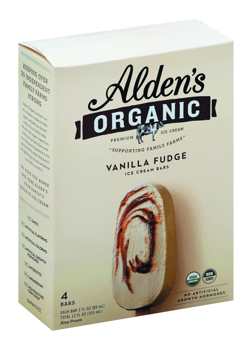 slide 1 of 1, Alden's Ice Cream Bar, Organic, Vanilla Fudge, Swirled, 12 oz