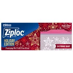 Ziploc Brand Holiday Storage Quart Bags, 24 CT, Reusable, Easy Open Tabs, Secure Double Zipper, Non-Slip Texture, Limited Edition, Festive Holiday Designs
