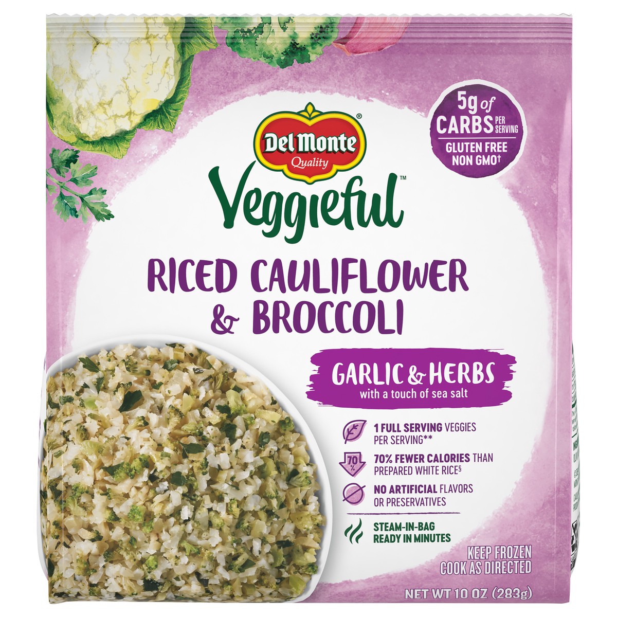 slide 1 of 1, Del Monte Veggieful™ Riced Cauliflower & Broccoli Garlic and Herb 10 oz. Bag, 10 oz