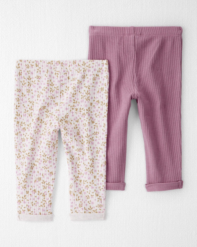 slide 2 of 5, Littleplanet Baby Girl 2-Pack Organic Cotton Rib Leggings Botanic Muse, Plum Purple 18M, 1 ct