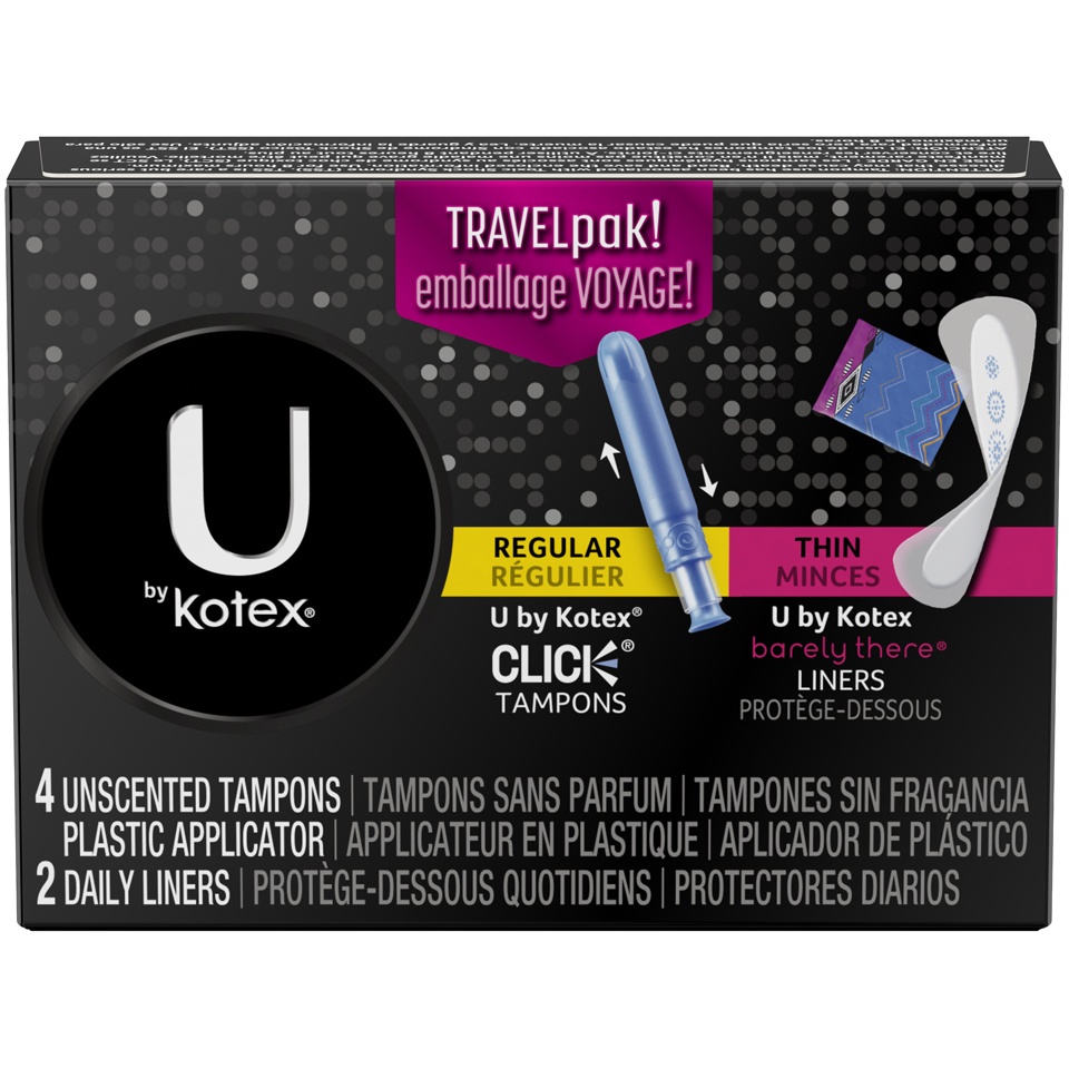 slide 1 of 1, U by Kotex Travel Pack Click Regular Tampons & Barely There Thin Liners Box, 6 ct