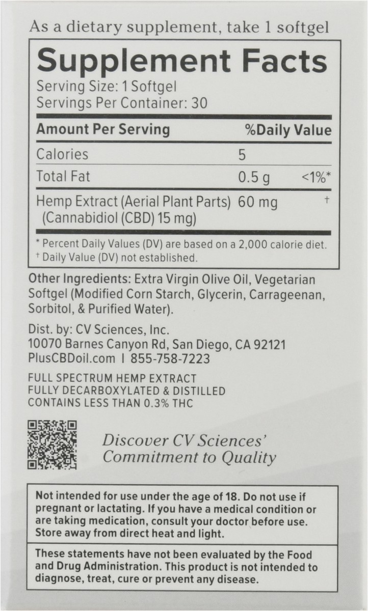 slide 2 of 9, CV Sciences PlusCBD 15 mg Extra Strength Formula Hemp Extract Softgels 30 ea, 30 ct