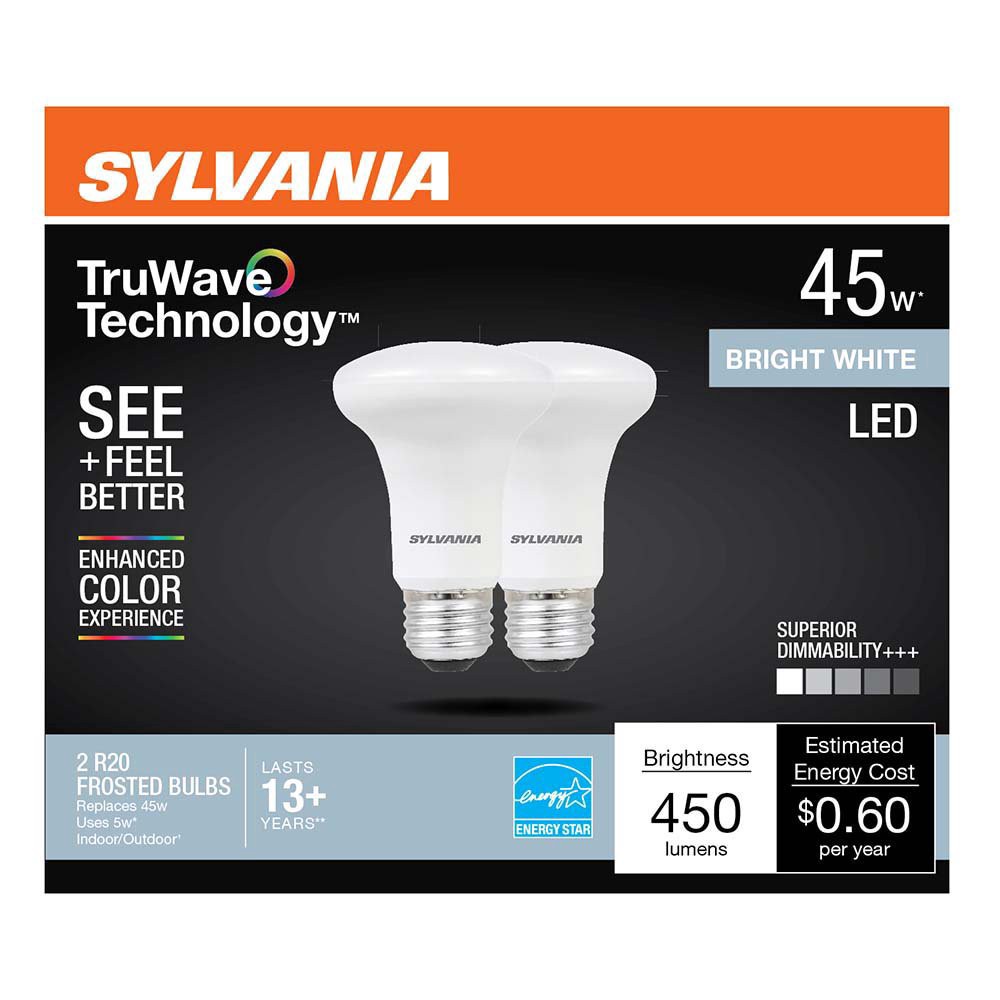 slide 1 of 1, Sylvania TruWave R20 45-Watt Frosted LED Light Bulbs - Bright White, 2 ct
