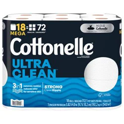 Cottonelle Ultra Clean Toilet Paper, Strong Toilet Tissue, 18 Mega Rolls (18 Mega Rolls = 72 Regular Rolls), 312 Sheets per Roll
