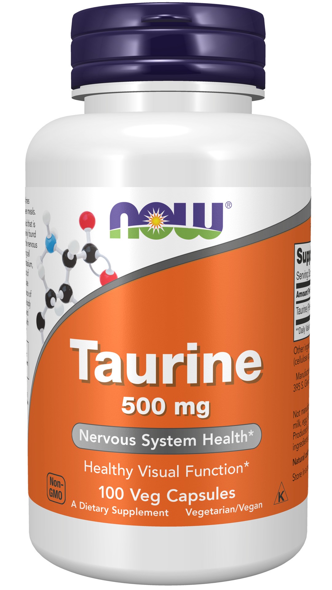 slide 1 of 5, NOW Taurine 500 mg - 100 Veg Capsules, 100 cups