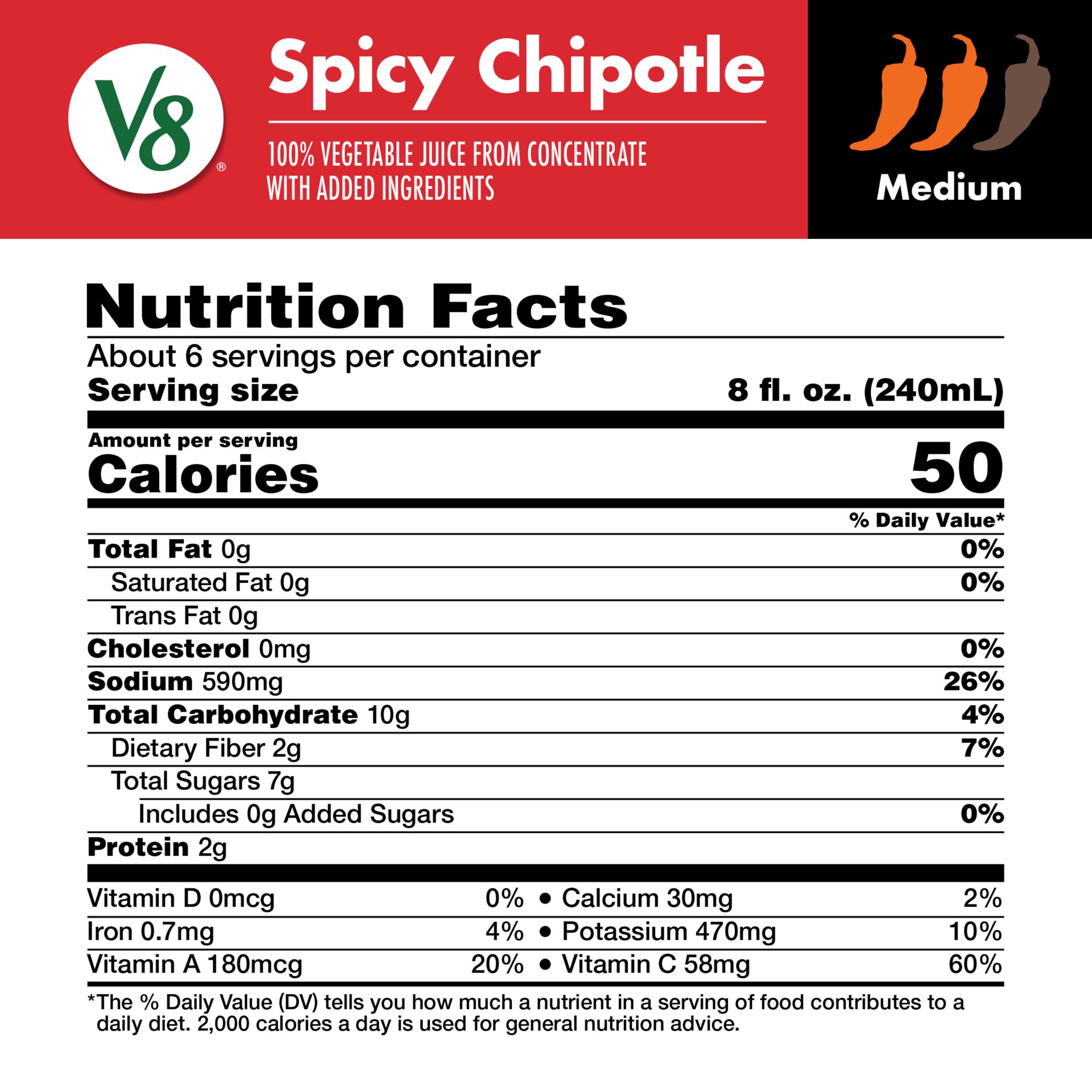 slide 8 of 9, V8, 100% Vegetable Juice, Spicy Chipotle, Medium, 46 oz