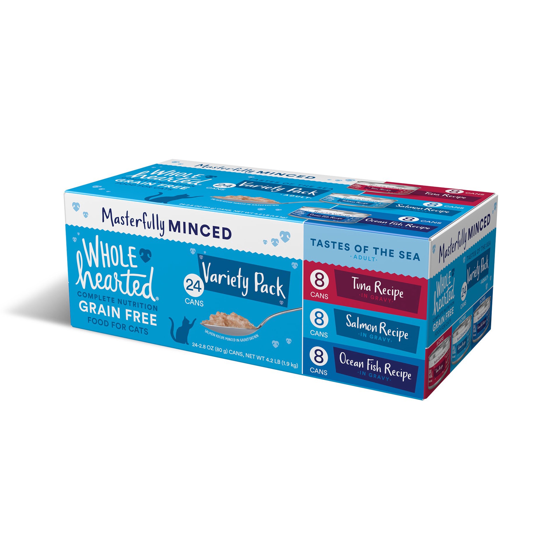 slide 1 of 1, WholeHearted Grain-Free Tastes of the Sea Minced in Gravy Wet Cat Food Variety Pack, 2.8 oz., Count of 24, 1 ct