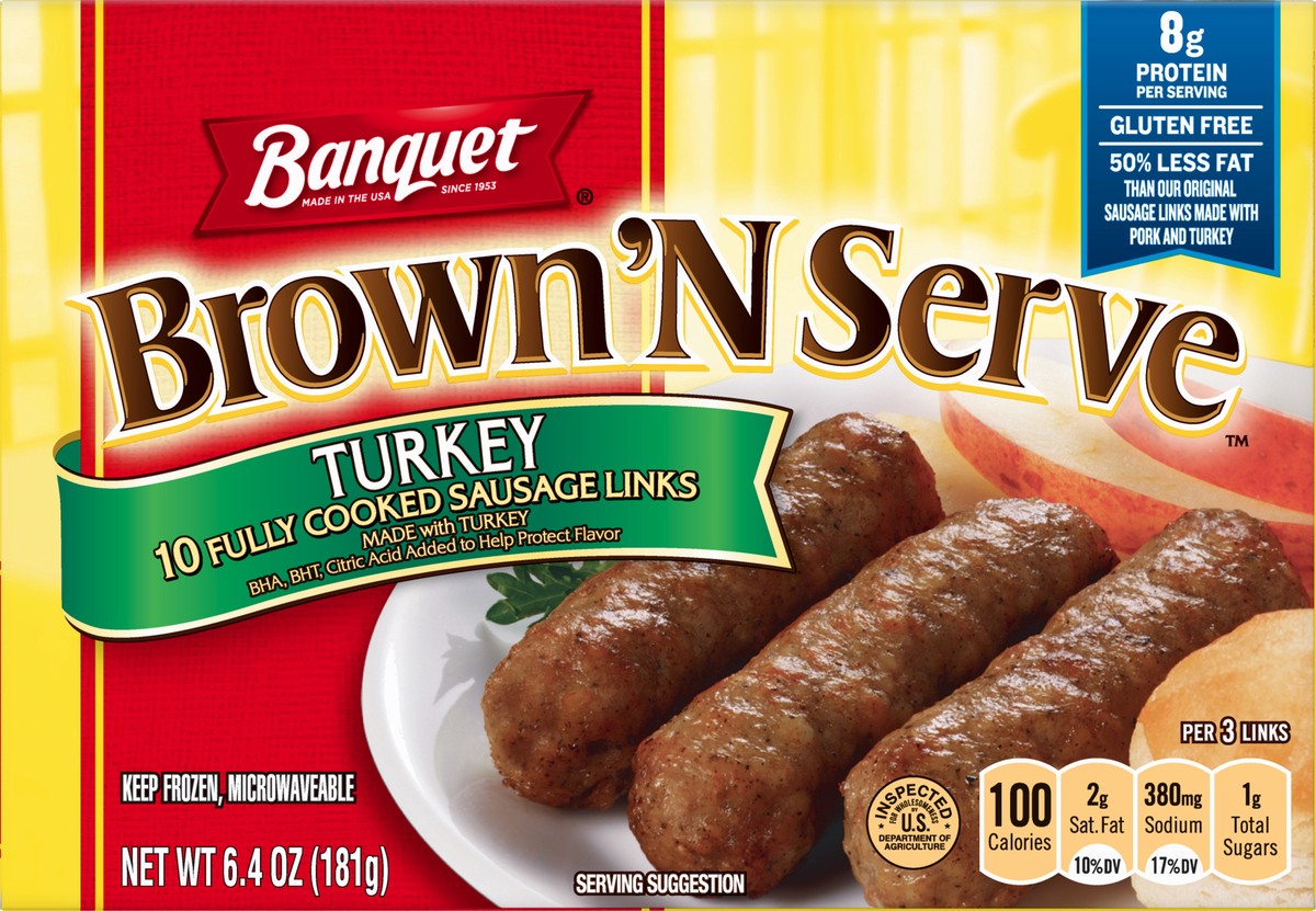 slide 1 of 12, Banquet Brown 'N Serve Fully Cooked Turkey Sausage Links 10 ea, 6.4 oz
