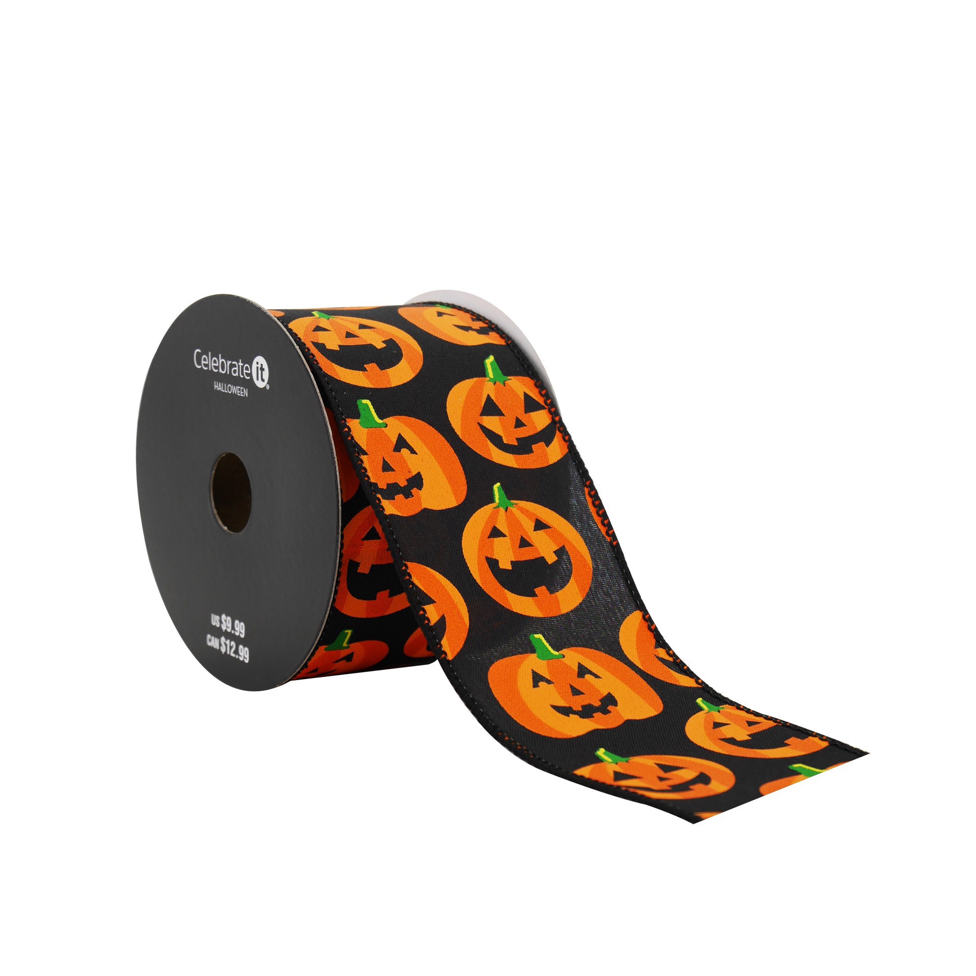 slide 2 of 3, 2.5" X 20ft. Black Jack-O'-Lantern Wired Faux Linen Ribbon By Celebrate It Halloween, 2.5 in x 20 ft