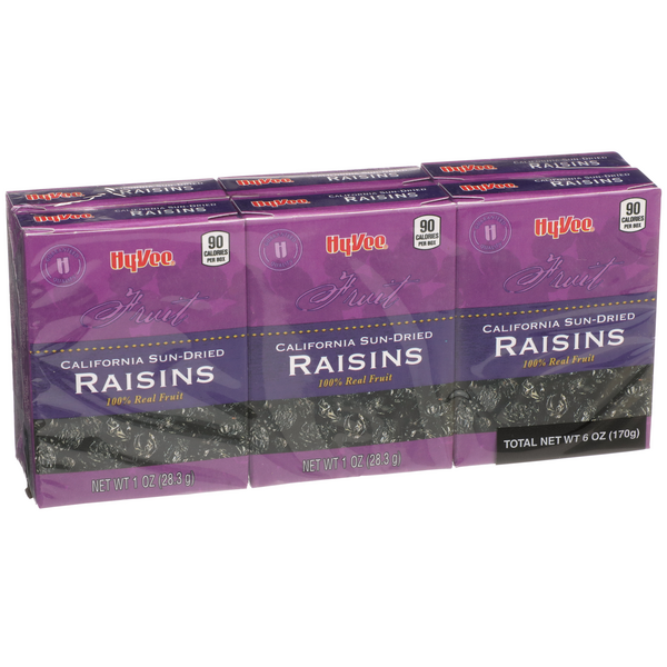 slide 1 of 1, Hy-Vee Raisins California Sun-Dried 6-1oz. Boxes, 6 oz