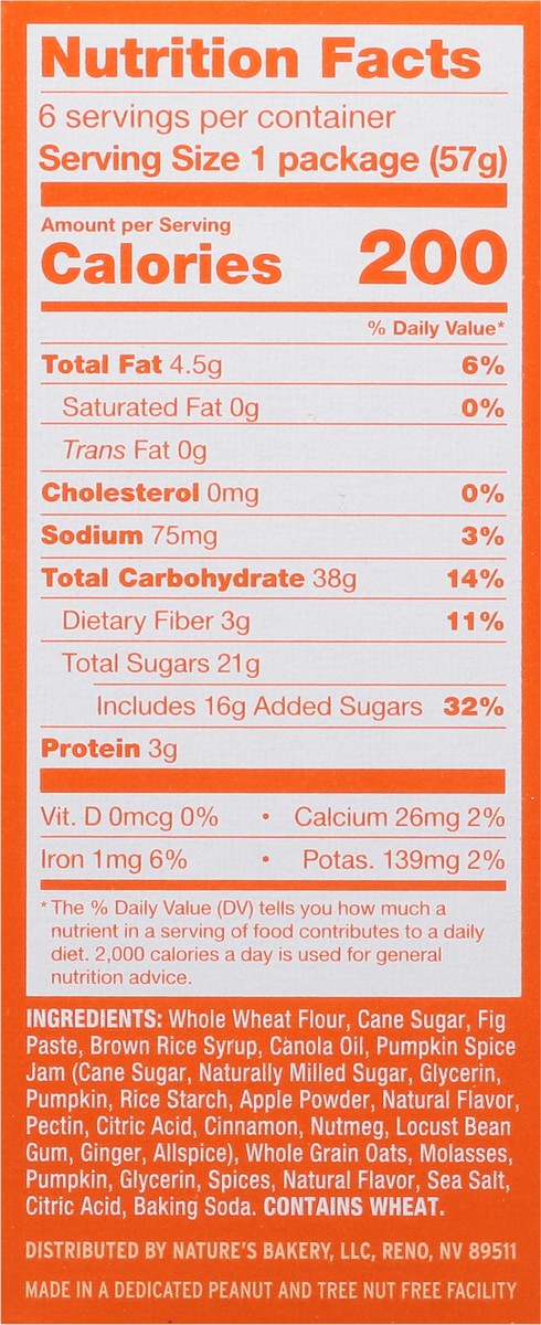 slide 12 of 14, Nature's Bakery Pumpkin Spice Whole Wheat Fig Bars, Snack Bars, 6 Ct, 6 ct