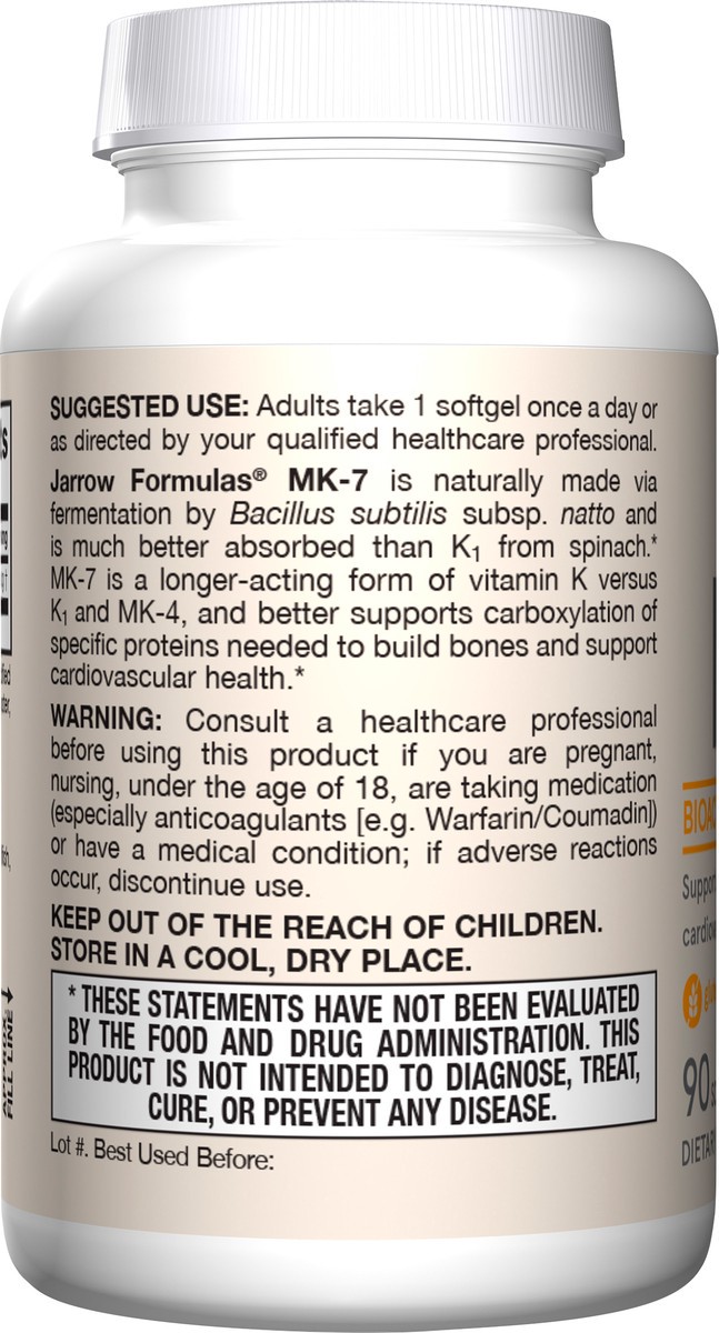 slide 5 of 5, Jarrow Formulas MK-7 90 mcg - Bioactive Form of Vitamin K2 - 90 Servings (Softgels) - Support to Build Strong Bones & Cardiovascular Health - Dietary Supplement - Gluten Free, 90 ct