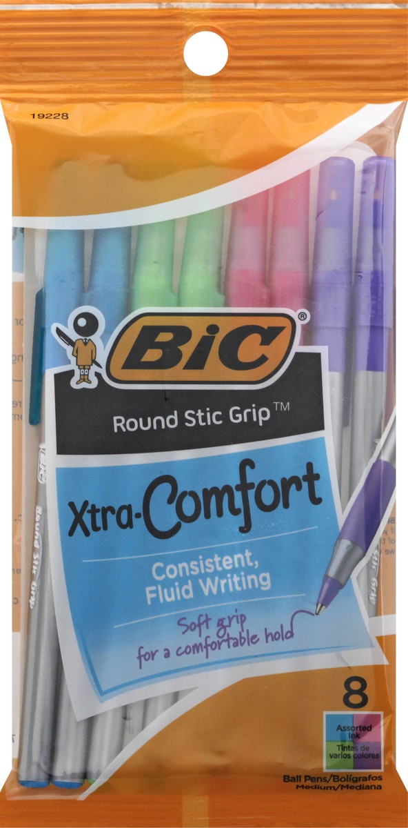 slide 1 of 9, BIC Round Stic Grip Xtra-Comfort Assorted Ink Medium Ball Pens 8 ea, 8 ct