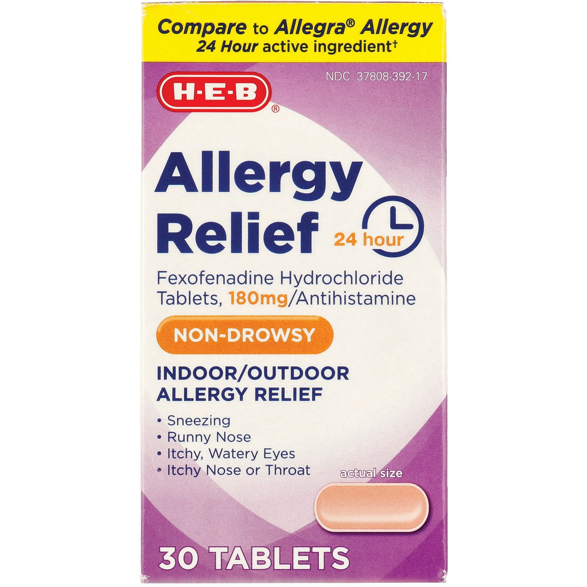 slide 1 of 1, H-E-B Allergy Relief Fexofenadine Non-Drowsy 24 Hour Tablets, 30 ct