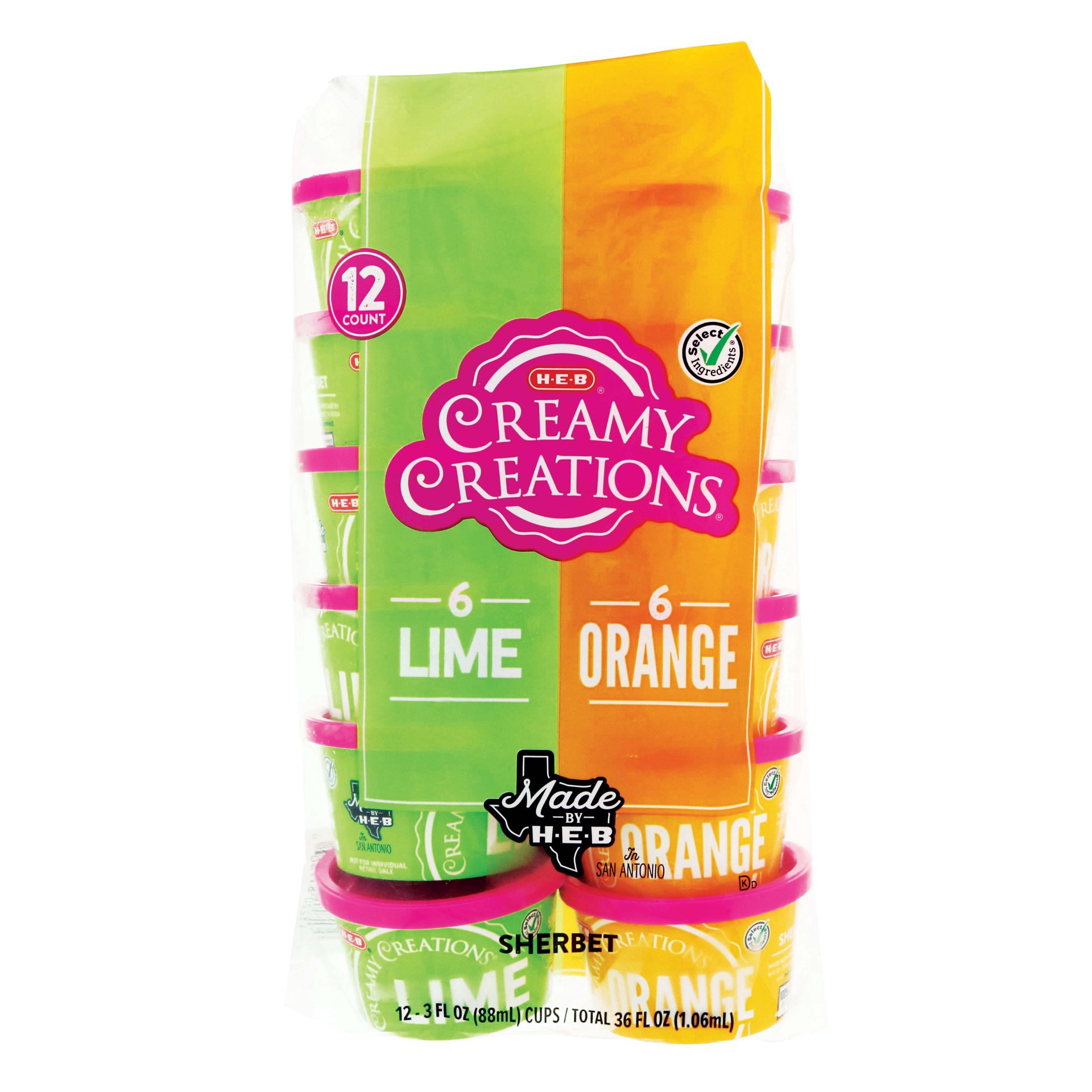 slide 1 of 1, H-E-B Creamy Creations Sherbet Assorted Flavors 3 oz Cups, 12 ct