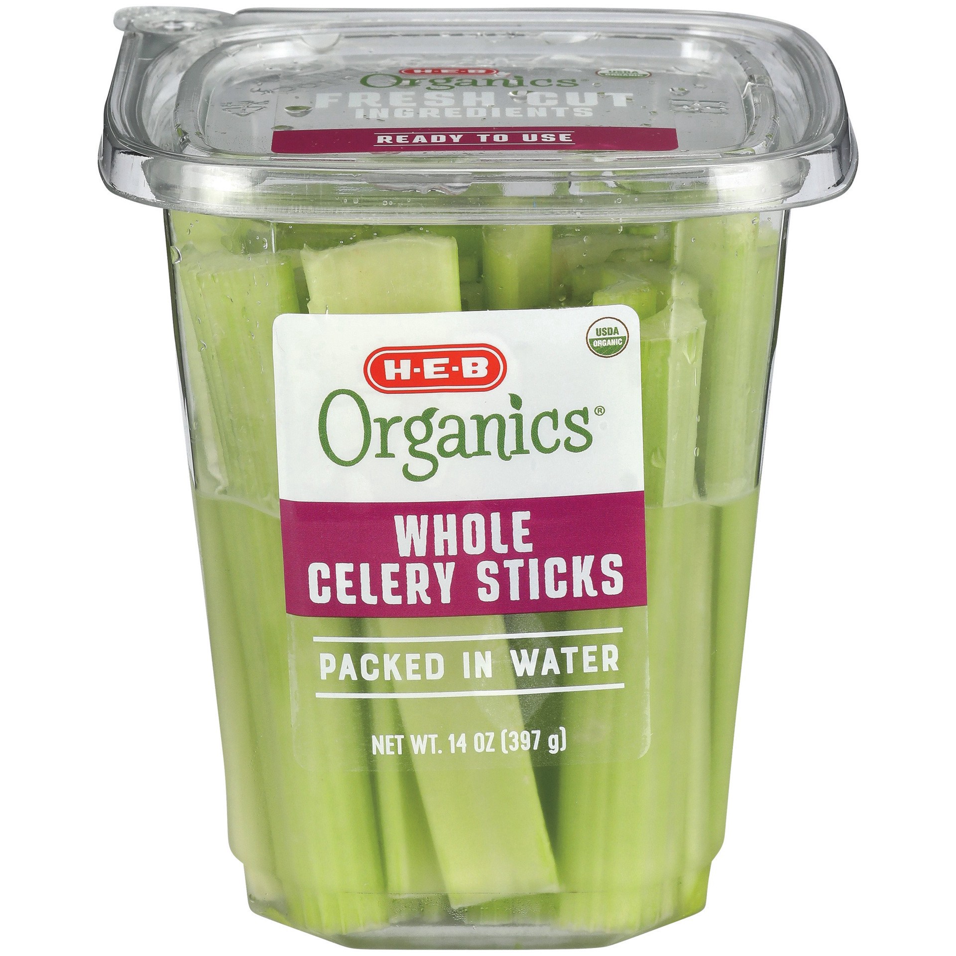 slide 1 of 1, H-E-B Organics Whole Celery Sticks in Water, 14 oz
