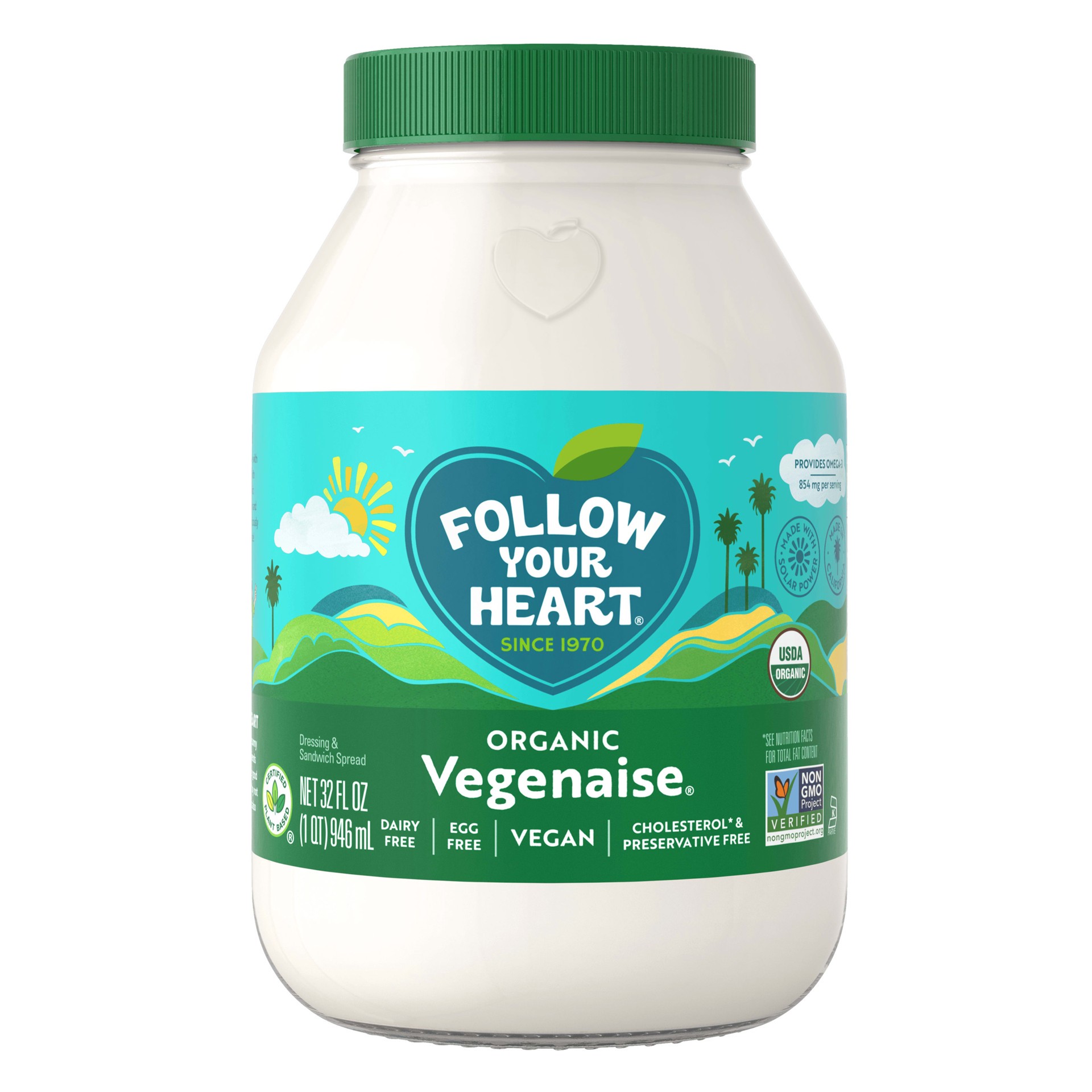 slide 1 of 1, Follow Your Heart Vegenaise Dressing and Sandwich Spread, Organic, Dairy Free, Egg Free Mayo, Creamy Organic Vegan Spread Great for Sandwiches and Salad Dressings, 32 FL OZ Jar, 32 fl oz