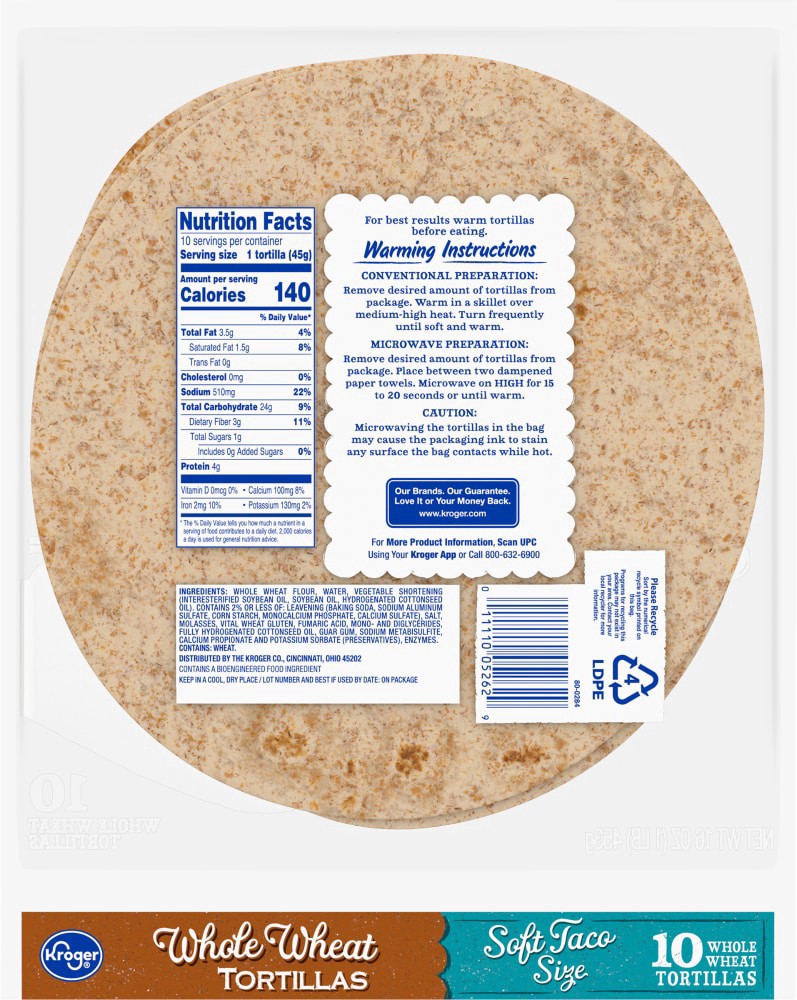 slide 2 of 4, Kroger Soft Taco Size Whole Wheat Tortillas 10 Count, 16 oz