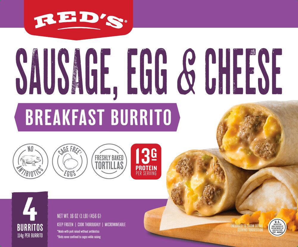slide 2 of 3, Red's® Sausage Egge & Cheese Breakfast Burritos, 4 ct