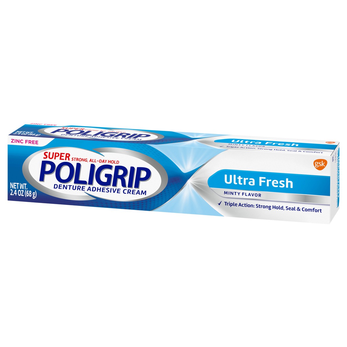 slide 2 of 8, Super Poligrip Poligrip Super Strong All Day Hold Ultra Fresh Denture Adhesive Cream, 2.4 oz