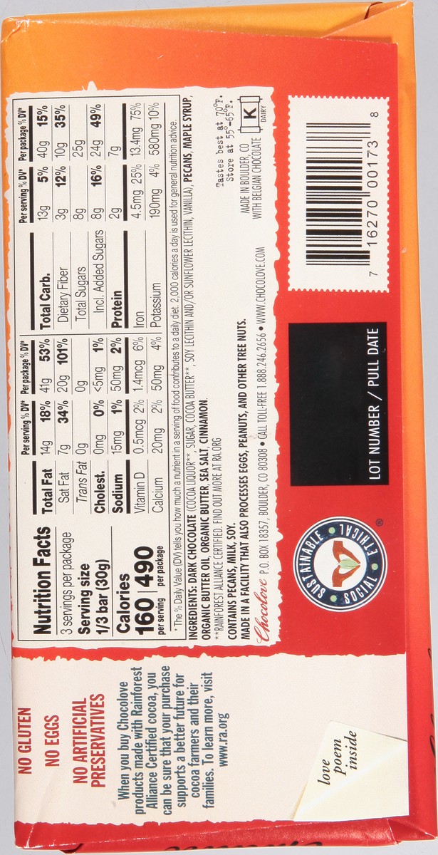 slide 5 of 9, Chocolove Dark Chocolate, Salted Pecans, 70% Cocoa, Maple Glazed 3.2 Oz, 3.2 oz