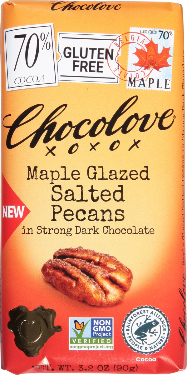 slide 6 of 9, Chocolove Dark Chocolate, Salted Pecans, 70% Cocoa, Maple Glazed 3.2 Oz, 3.2 oz