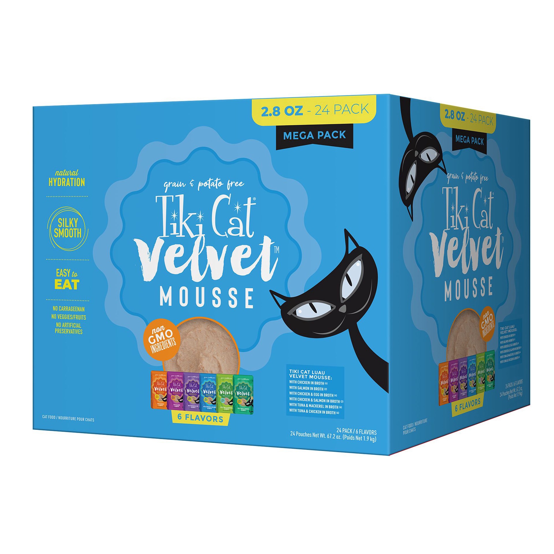 slide 1 of 1, Tiki Cat Luau Velvet Mousse Wet Cat Food, 24 Count Mega Pack 2.8 oz. Pouch (24 Count), 67.2 oz