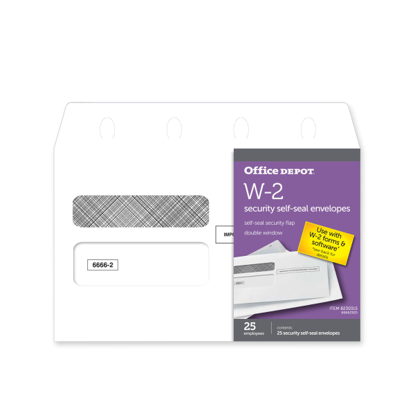 slide 1 of 2, Office Depot Brand Double-Window Self-Seal Envelopes For W-2 Tax Forms, White, 25 ct; 5 5/8 in x 9 in