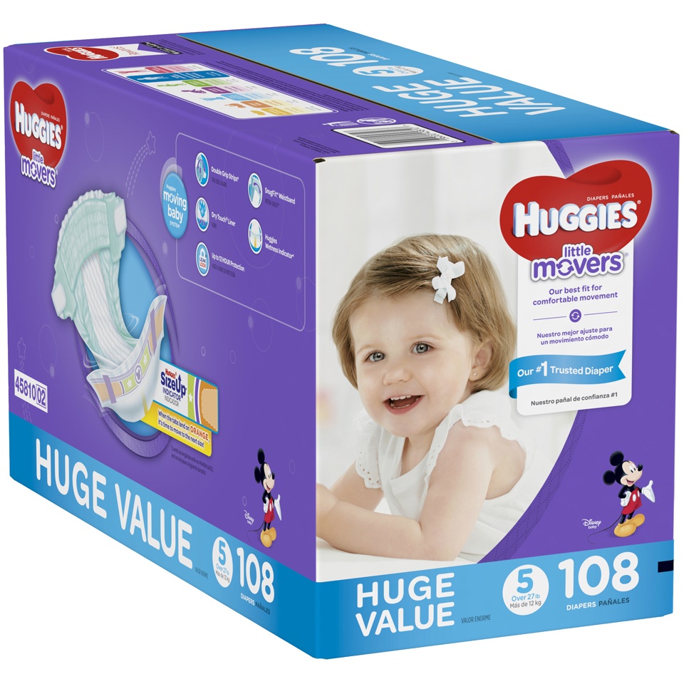 slide 2 of 3, Huggies Little Movers Diapers Size 5, 108 ct; (27+ lb)