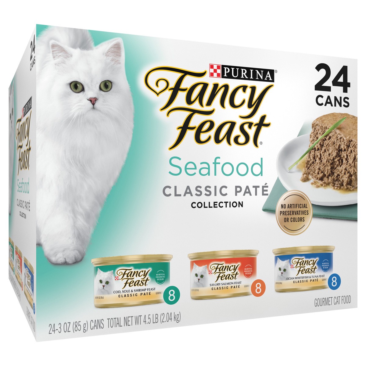 slide 2 of 8, Fancy Feast Purina Fancy Feast Seafood Classic Pate Collection Grain Free Wet Cat Food Variety Pack, 4.5 lb