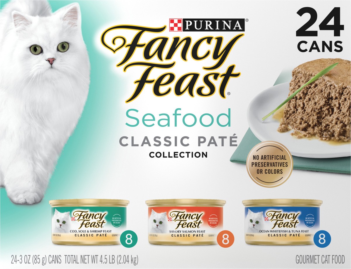 slide 7 of 8, Fancy Feast Purina Fancy Feast Seafood Classic Pate Collection Grain Free Wet Cat Food Variety Pack, 4.5 lb