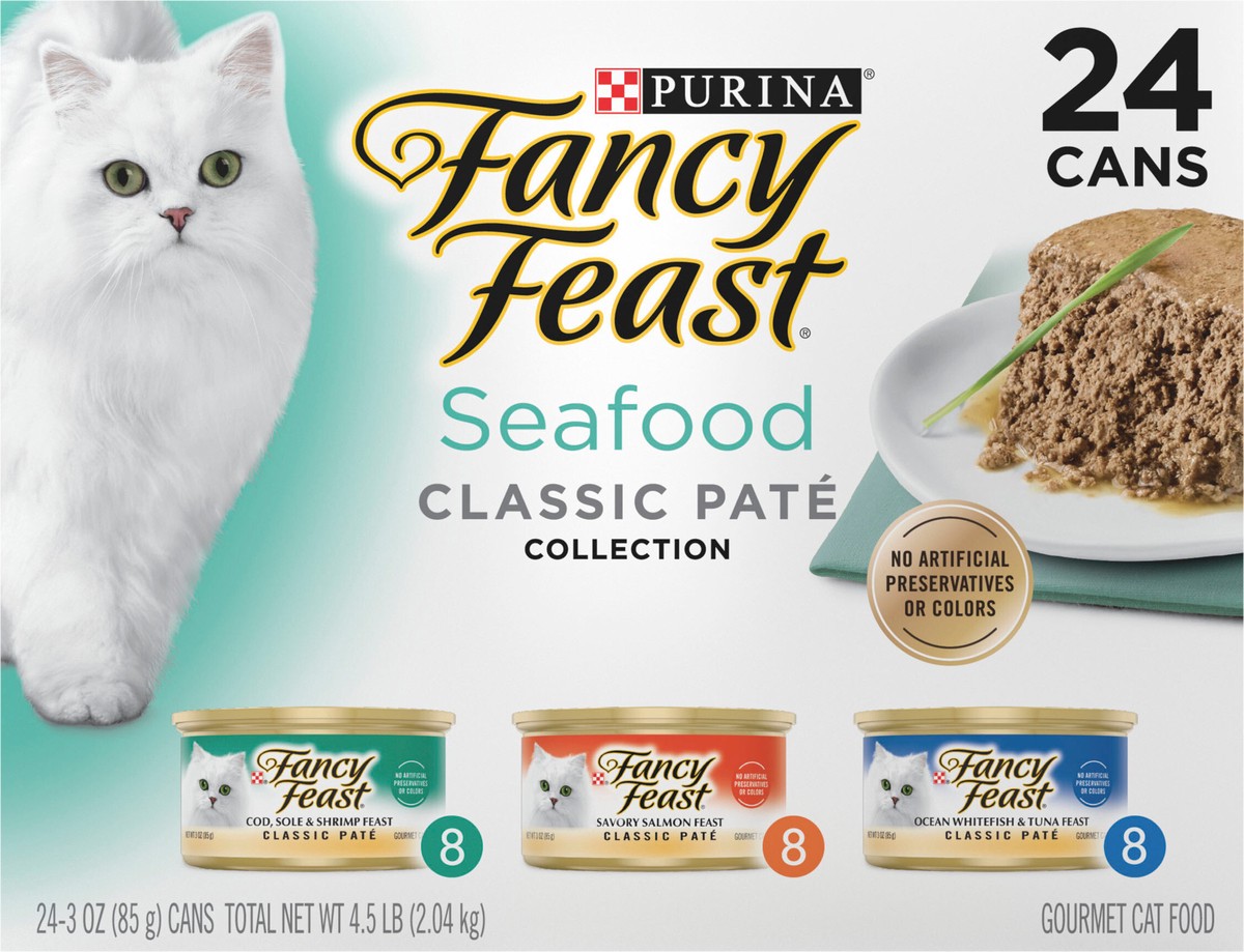 slide 4 of 8, Fancy Feast Purina Fancy Feast Seafood Classic Pate Collection Grain Free Wet Cat Food Variety Pack, 4.5 lb