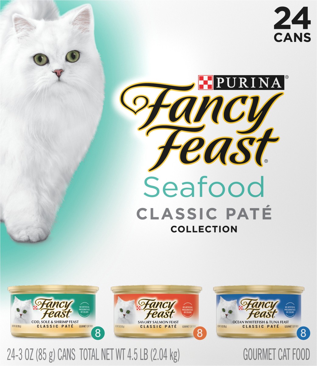 slide 8 of 8, Fancy Feast Purina Fancy Feast Seafood Classic Pate Collection Grain Free Wet Cat Food Variety Pack, 4.5 lb