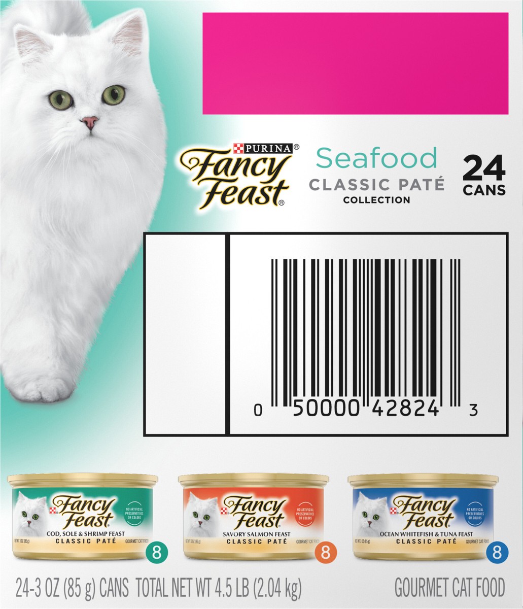 slide 5 of 8, Fancy Feast Purina Fancy Feast Seafood Classic Pate Collection Grain Free Wet Cat Food Variety Pack, 4.5 lb