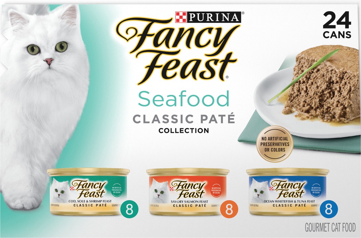 slide 6 of 8, Fancy Feast Purina Fancy Feast Seafood Classic Pate Collection Grain Free Wet Cat Food Variety Pack, 4.5 lb